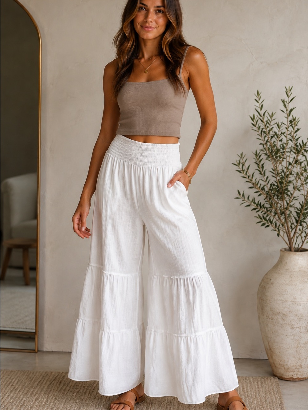 TFY Collection White Wide-Leg Tiered Pants with Smocked Waist